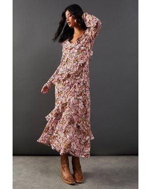 Warehouse Printed Chiffon Ruffle Seam V Neck Midi Dress - Gray