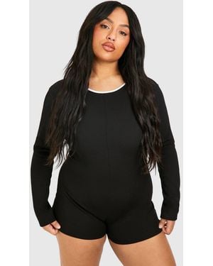 Boohoo Plus Rib Contrast Binding Playsuit - Black