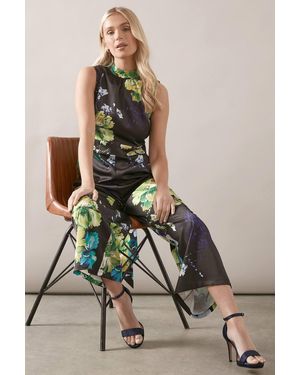 Wallis Petite Floral Printed Satin Belted Jumpsuit - Black