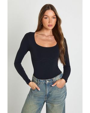 Boohoo Seamless Scoop Neck Long Sleeve Bodysuit - Azul