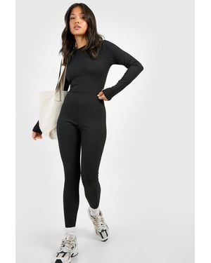 Boohoo Petite Basic Rib Scoop Neck Unitard - Black