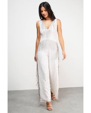 Warehouse Hen Hand Embellished Plunge Neck Sequin Fringe Jumpsuit - White