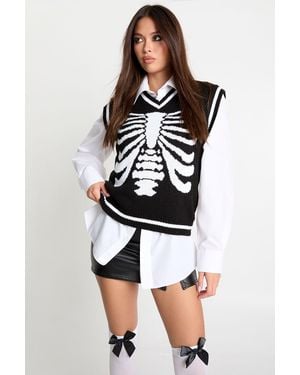 Boohoo V Neck Knit Halloween Skeleton Waistcoat - Negro