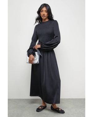 Oasis Satin Shirred Bodice Balloon Sleeve Midi Dress - Blue