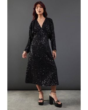 Warehouse Sequin Crinkle Batwing Plunge Neck Midi Dress - Black