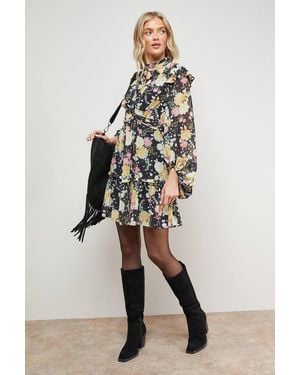 Oasis Printed Ruched High Neck Mini Fit And Flare Dress - Natural