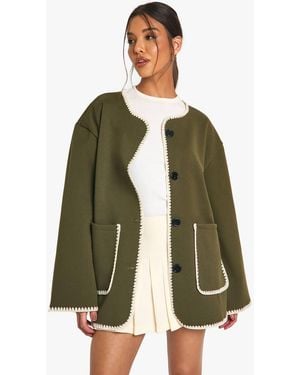 Boohoo Blanket Stitch Wool Look Jacket - Green