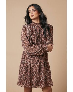 Oasis Animal Print Embroidered Dobby Chiffon Mini Dress - Brown