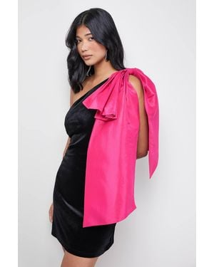 Warehouse Velvet Taffeta Bow One Shoulder Mini Dress - Pink