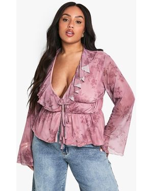 Boohoo Plus Ruffle Tie Detail Flared Sleeve Top