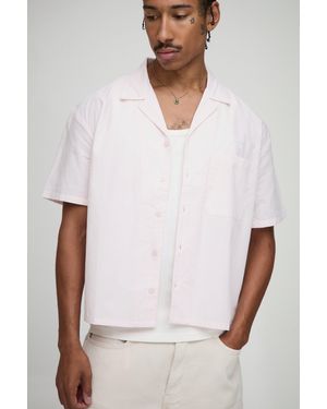BoohooMAN Oversized Boxy Revere Embroidered Stripe Shirt - White