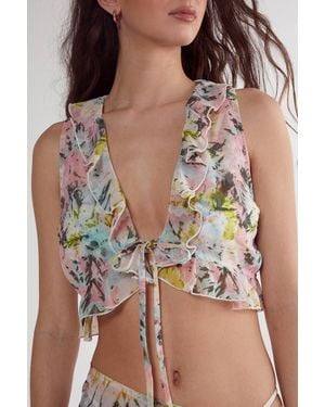 Nasty Gal Tie Dye Ruffle Tie Front Beach Top - Brown