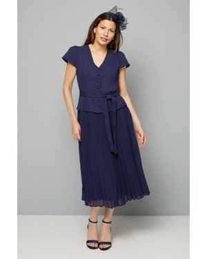 Wallis Crepe Button Pleated Midi Dress - Blue