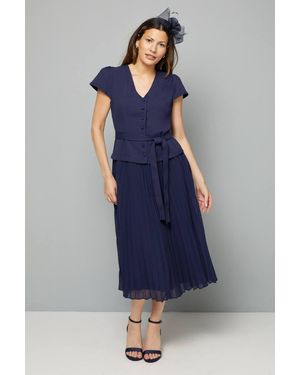 Wallis Crepe Button Pleated Midi Dress - Blue