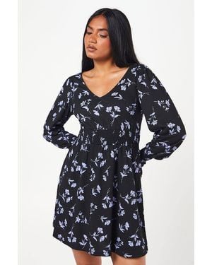 Dorothy Perkins Petite Floral Shirred Waist V Neck Mini Dress - Blue