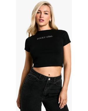 Boohoo Lucky Girl Hotfix Baby Tee - Black