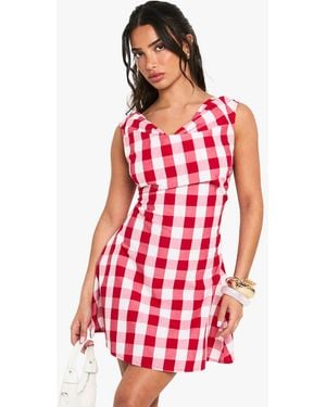 Boohoo Petite Gingham Skater Mini Dress - Red