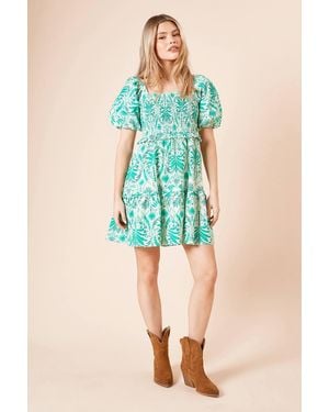 Dorothy Perkins Palm Shirred Bodice Mini Dress - Blue