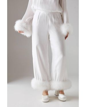 Warehouse Premium Iridescent Feather Cuff Wide Leg Pants - White