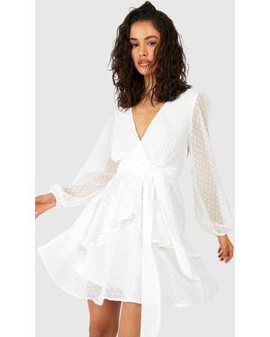 Boohoo Ruffle Hem Dobby Chiffon Mini Dress - White