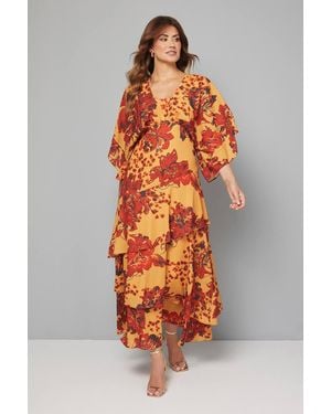 Wallis Floral Kimono Sleeve Tiered Maxi Dress - Orange