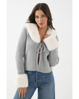MissPap Knitted Rib Fur Trim Tie Detail Front Sweater - Gray