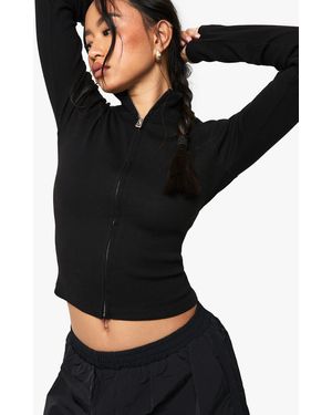Boohoo Top De Manga Larga Y Canalé Con Cremallera - Negro