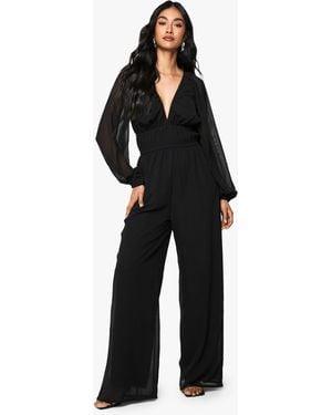 Boohoo Chiffon V Neck Ruched Wide Leg Jumpsuit - Black