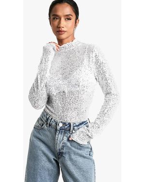 Boohoo Petite Sequin High Neck Long Sleeved Top - White