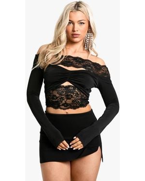Boohoo Lace Bardot Slinky Top - Black