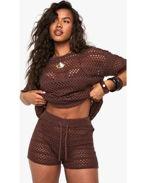 Boohoo Crochet Oversized Knitted Top And Knicker Short Set - Brown