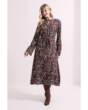 Dorothy Perkins Keyhole Belted Long Sleeve Midi Dress - Multicolor