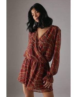 Warehouse Chiffon Wrap Drop Waist Mini Dress - Brown