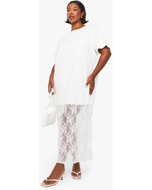 Boohoo Plus Lace Detail Midaxi T-Shirt Dress - White