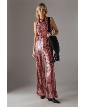 Warehouse Snake Sequin Cowl Neck Drop Waist Jumpsuit - Brown