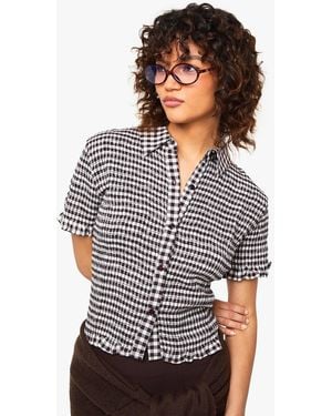 Boohoo Smocked Gingham Crop Shirt - Gray