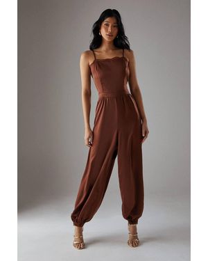 Warehouse Satin Lace Trim Elasticated Cuff Strappy Jumpsuit - Brown