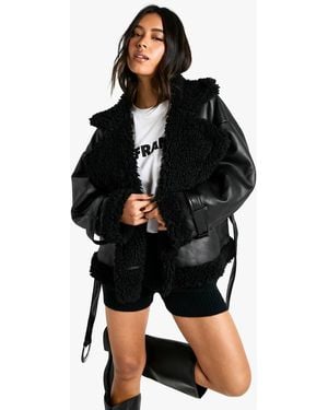 Boohoo Luxe Teddy Trim Belted Aviator Jacket - Black