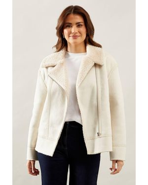 Wallis Faux Fur Bonded Lined Biker Jacket - Natural