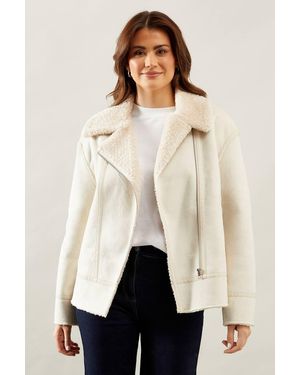 Wallis Faux Fur Bonded Lined Biker Jacket - Natural