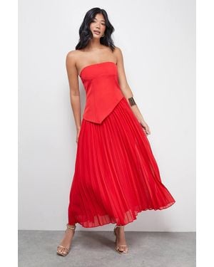 Warehouse Bandeau Bodice Pleated Chiffon Midi Dress - Red