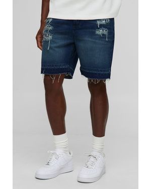 BoohooMAN Slim Rigid Bandana Rip And Repair Denim Shorts - Blue