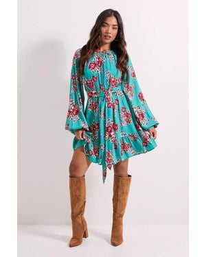Dorothy Perkins Petite Floral Printed Blouson Sleeve Mini Dress - Blue