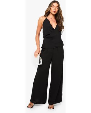 Boohoo Chiffon Wrap Top & Wide Leg Trouser Co-Ord - Black