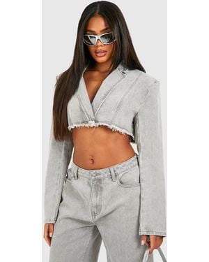 Boohoo Fray Hem Cropped Denim Blazer - Gray