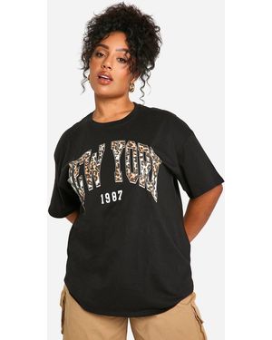 Boohoo Plus Leopard New York Oversized T-Shirt - Black