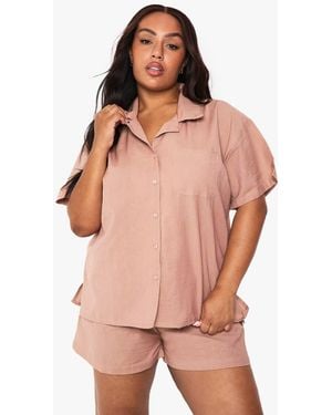 Boohoo Plus Linen Look Short Sleeve Shirt And Elasticated Waist Short Co-Ord - Pink
