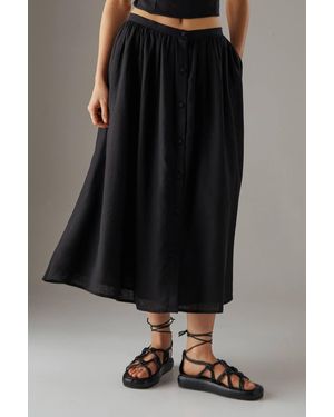 Warehouse Premium Linen Blend Drop Waist Button Through Maxi Skirt - Black