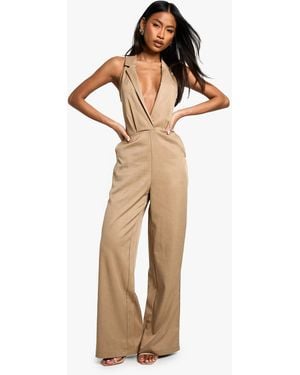 Boohoo Tailored Plunge Wide Leg Jumpsuit - Natural