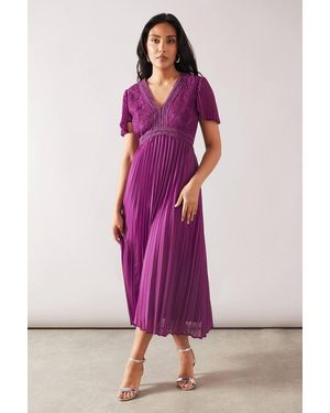Wallis Petite Lace Pleated Sleeve Midi Dress - Pink